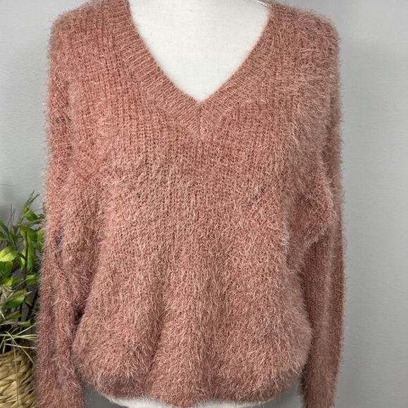 Pink Rose Eyelash Fuzzy V Neck Sweater in Dusty Rose - Picture 1 of 9